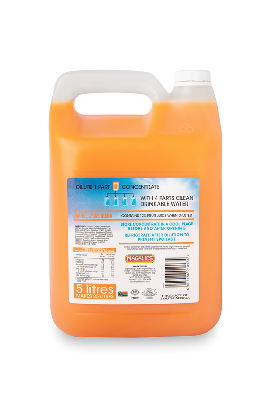 Magalies 5 litre Orange 12% 1+4 fruit drink concentrate.