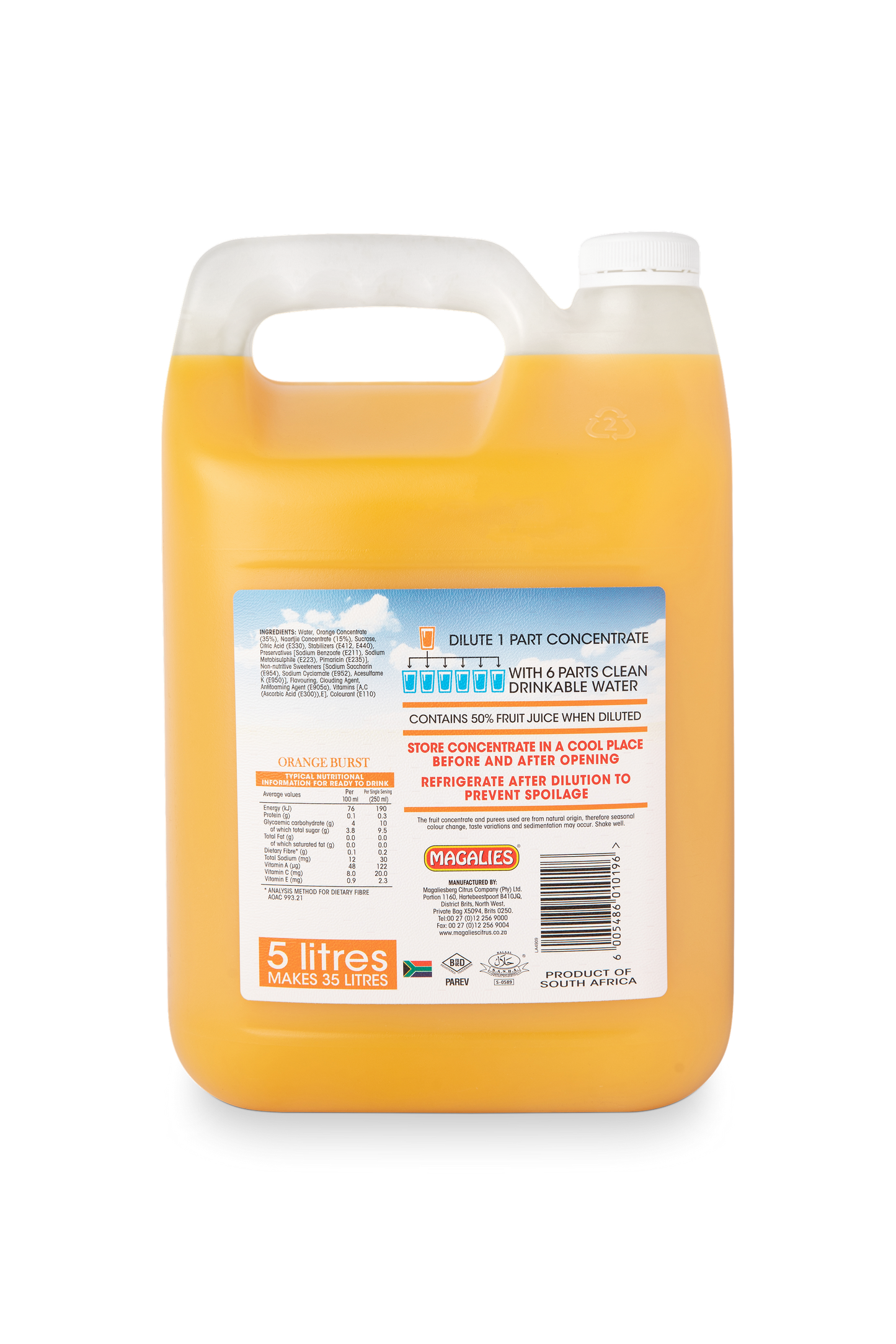 Magalies 5 litre Orange Burst 50% 1+6 fruit nectar concentrate.