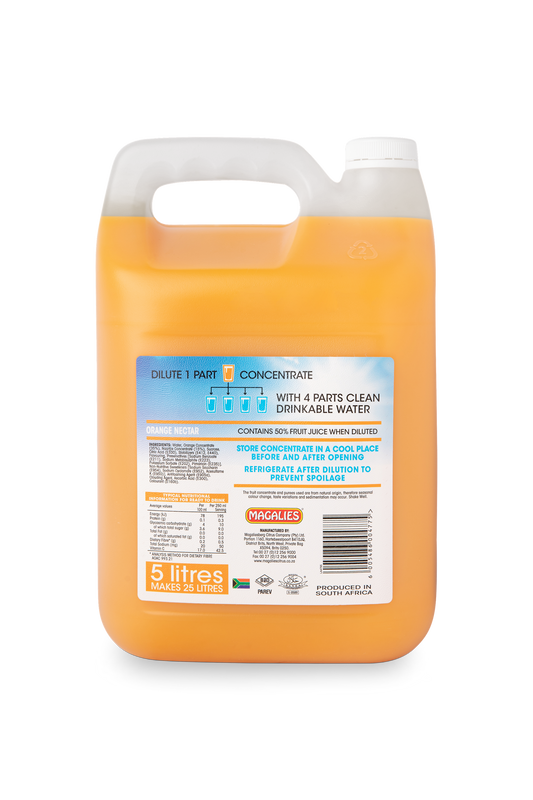 Magalies 5 litre Orange 50% 1+4 fruit nectar concentrate.