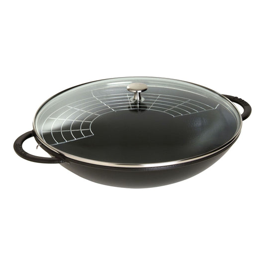 STAUB - Black Cast Iron Wok with Glass Lid - 37cm