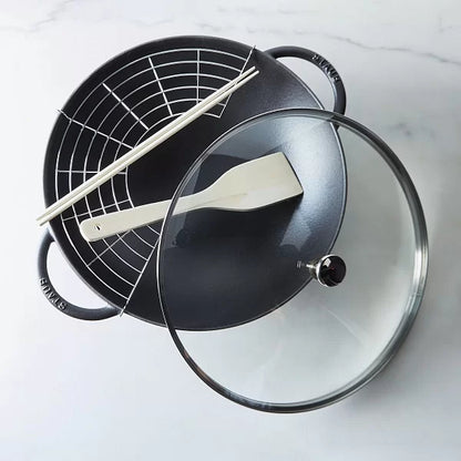 STAUB - Black Cast Iron Wok with Glass Lid - 37cm