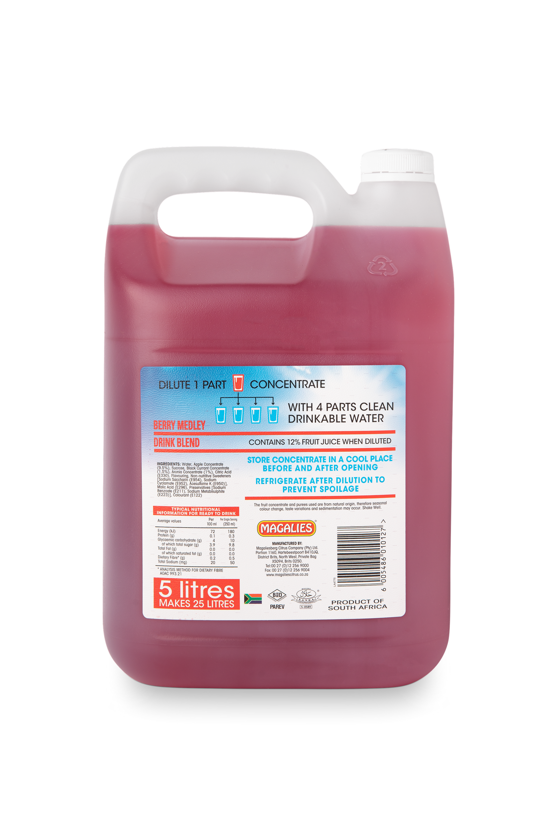 Magalies 5 litre Berry Medley 12% 1+4 fruit drink concentrate.