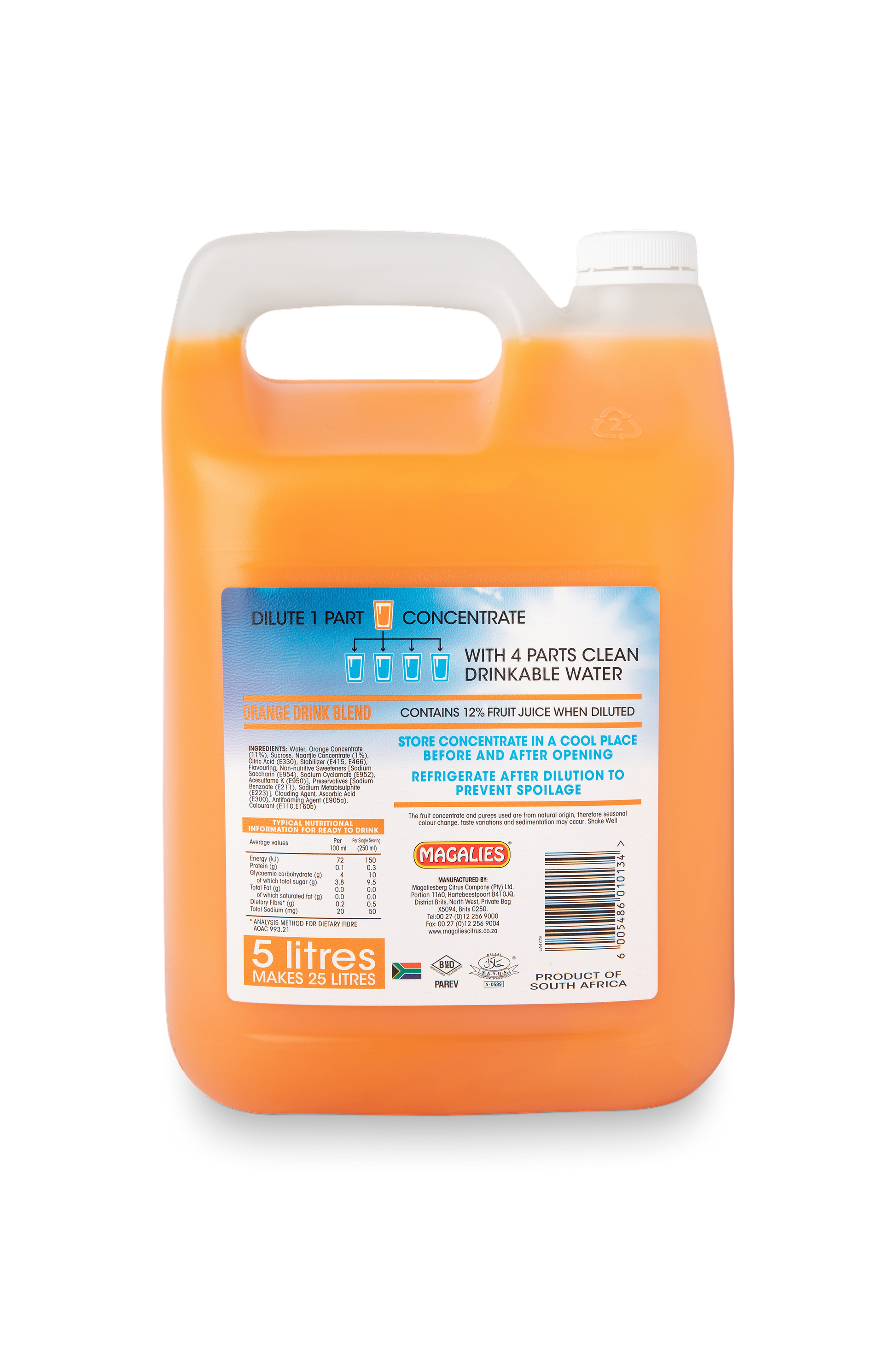 Magalies 5 litre Orange 12% 1+4 fruit drink concentrate.