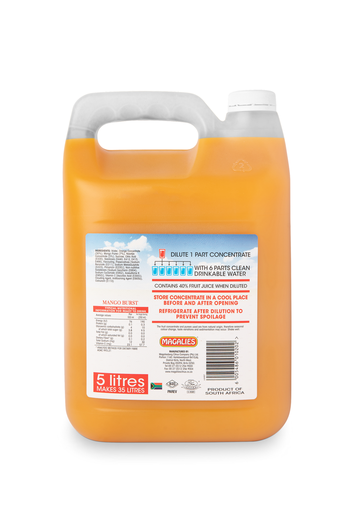 Magalies 5 litre Mango Burst 40% 1+6 fruit nectar concentrate.