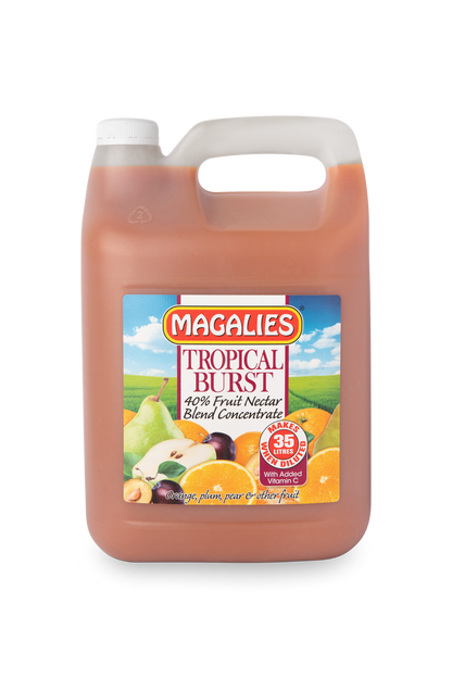 Magalies 5 litre Tropical Burst 40% 1+6 fruit nectar concentrate.