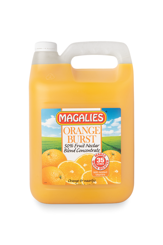 Magalies 5 litre Orange Burst 50% 1+6 fruit nectar concentrate.