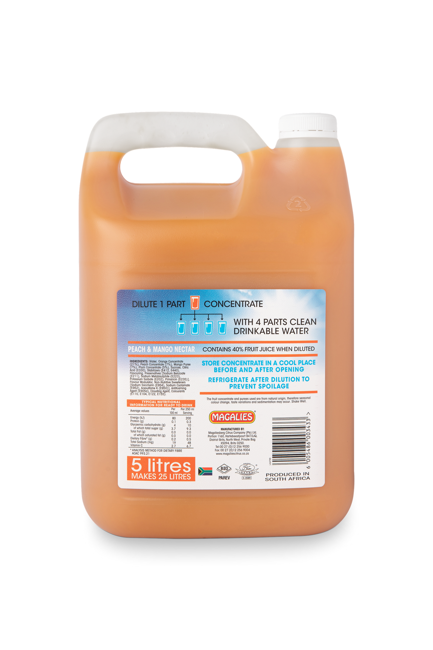 Magalies 5 litre Peach & Mango 40% 1+4 fruit nectar concentrate