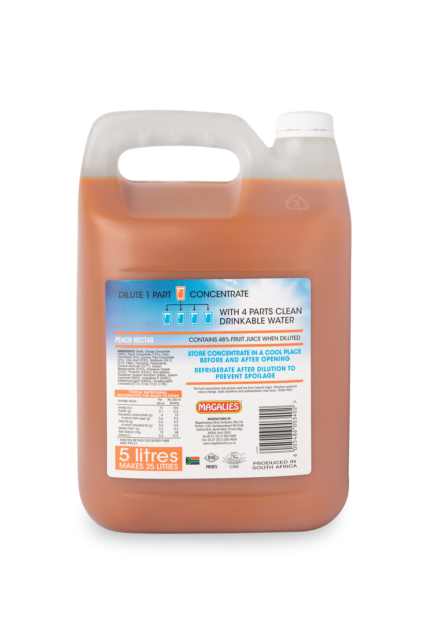 Magalies 5 litre Peach 48% 1+4 fruit nectar concentrate