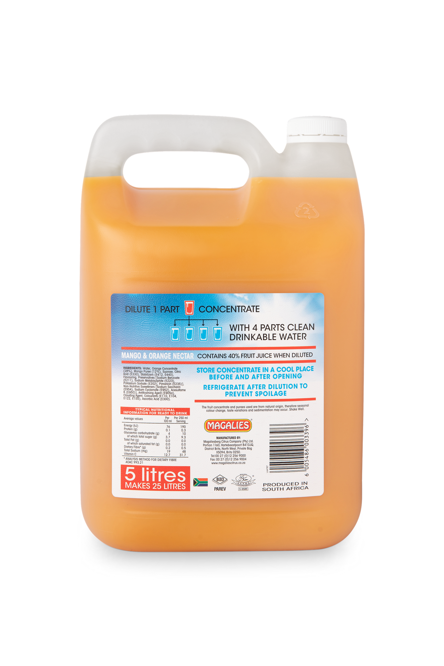 Magalies 5 litre Mango & Orange 40% 1+4 fruit nectar concentrate.