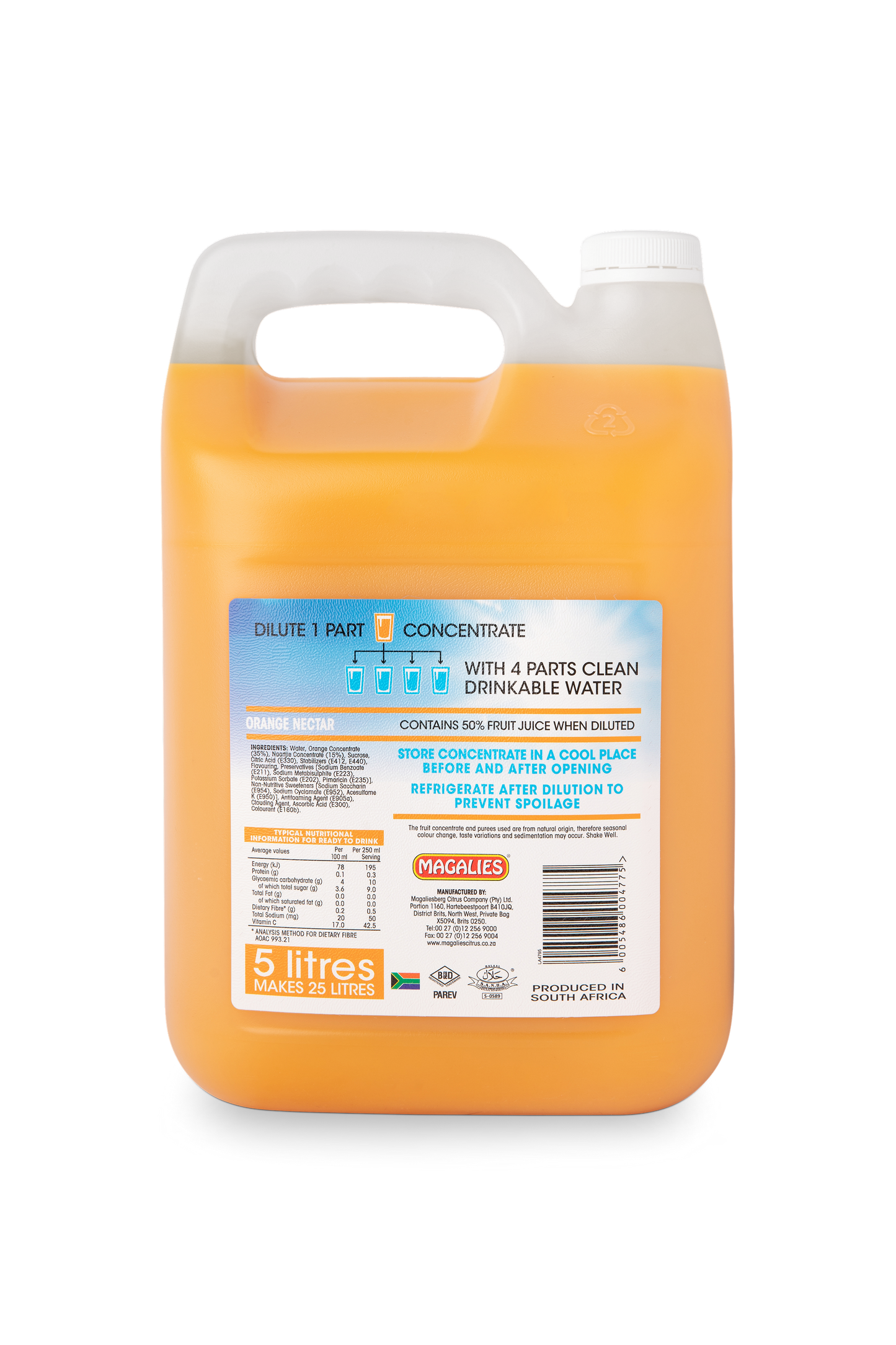 Magalies 5 litre Orange 50% 1+4 fruit nectar concentrate.