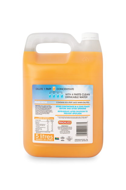 Magalies 5 litre Orange 50% 1+4 fruit nectar concentrate.