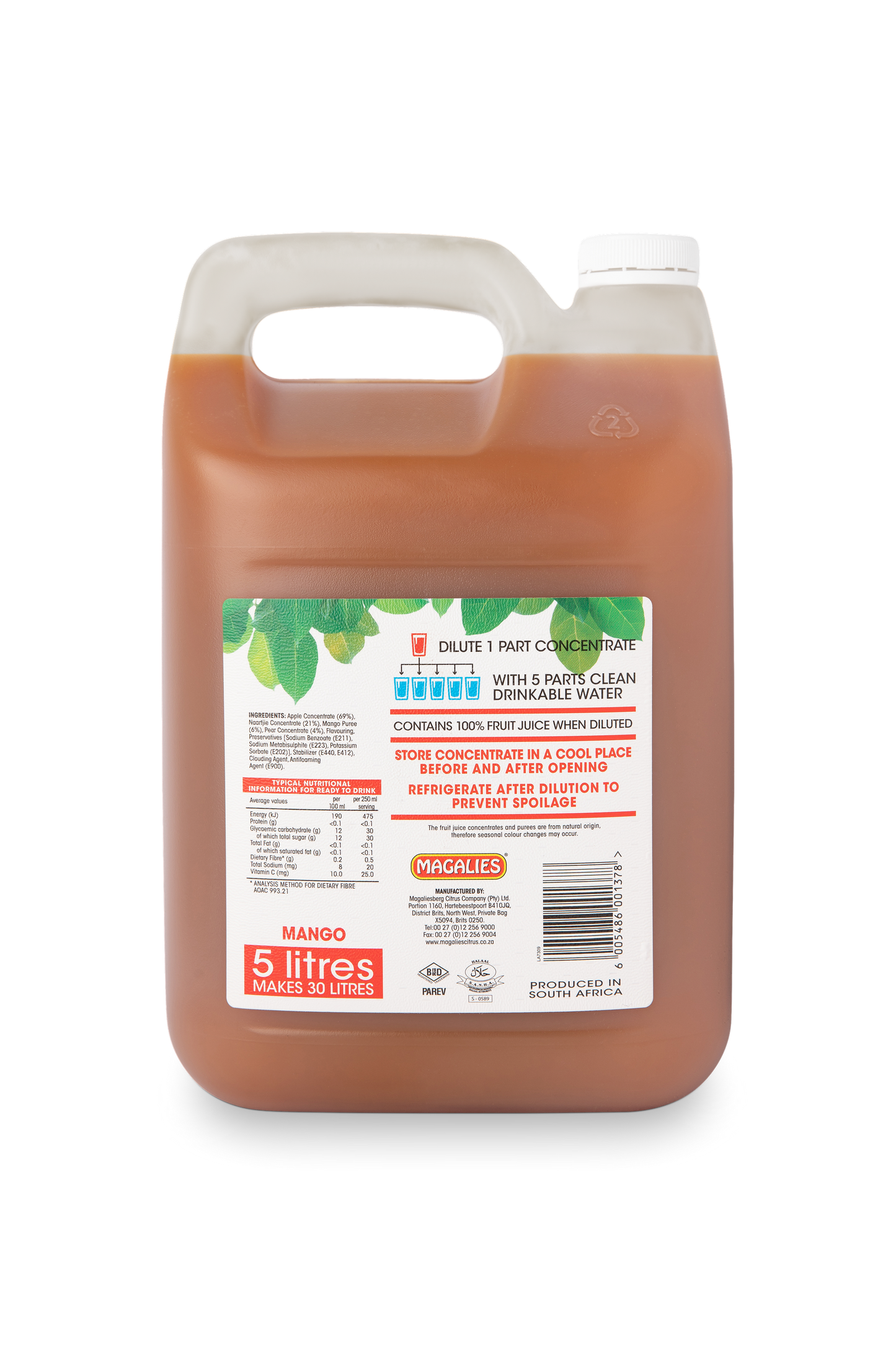 Magalies 5 litre Mango 100% 1+5 fruit juice concentrate.