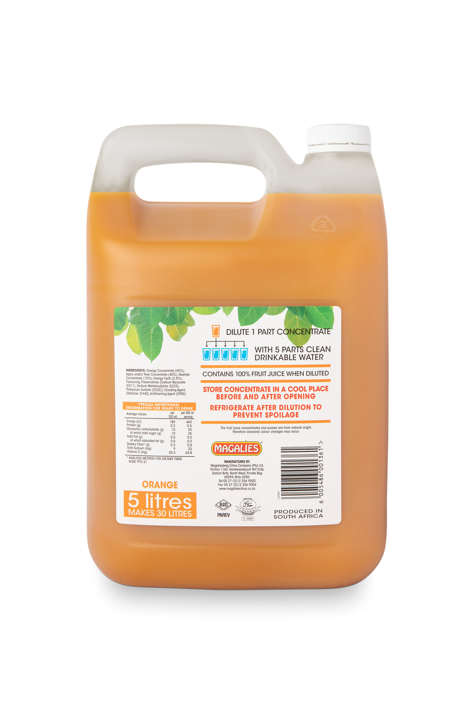 Magalies 5 litre Orange & Cells 100% 1+5 fruit juice concentrate.