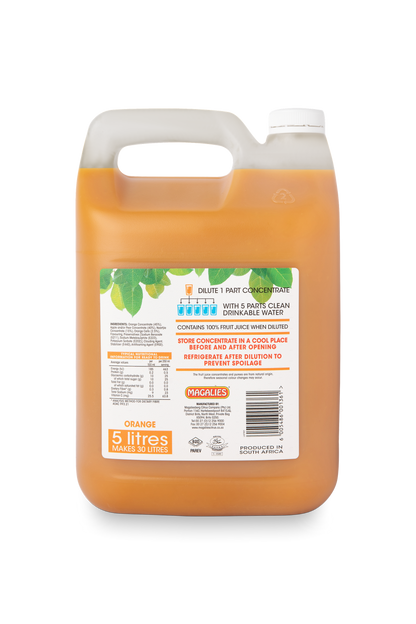 Magalies 5 litre Orange & Cells 100% 1+5 fruit juice concentrate.