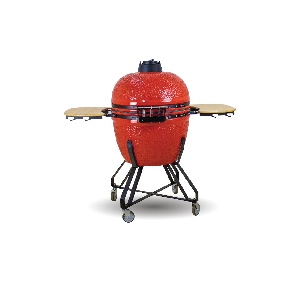 Red ceramic grill with wooden shelves on a white background