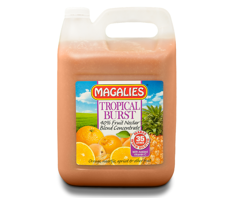 Magalies 5 litre Tropical Burst 40% 1+6 fruit nectar concentrate.